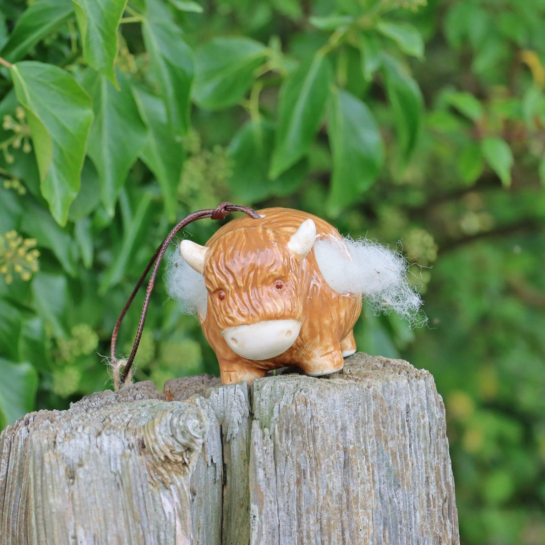 'Hairie' Hanging Ceramic Highland Cow With Nesting Wool