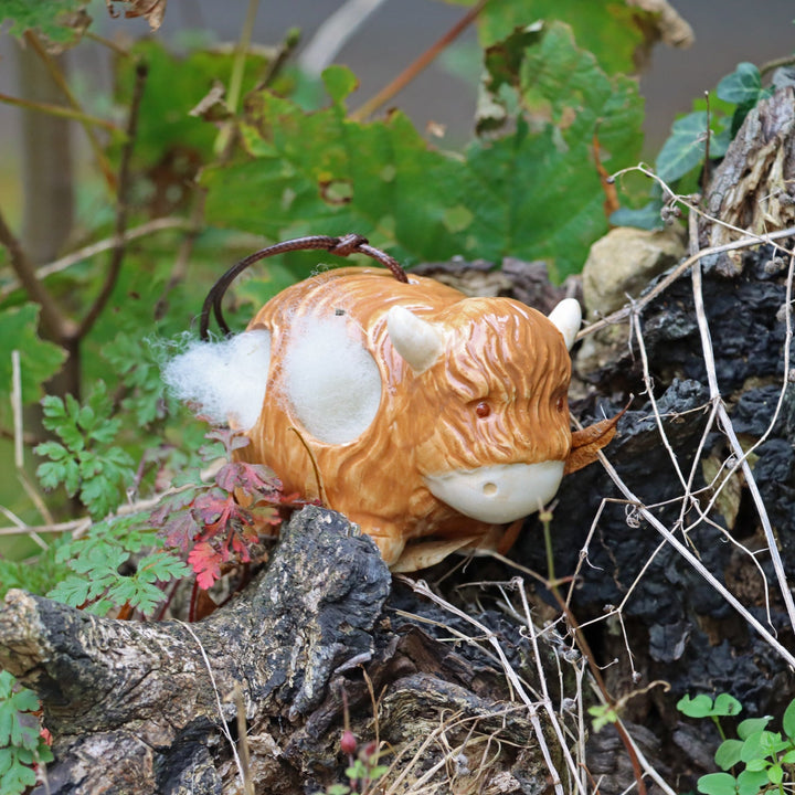 'Hairie' Hanging Ceramic Highland Cow With Nesting Wool